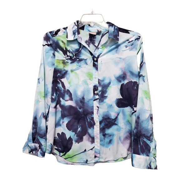 Chico's Watercolor Painted Passion Sofia Roll-Tab Sleeve Button-Up Shirt Sz LGE - Picture 1 of 8